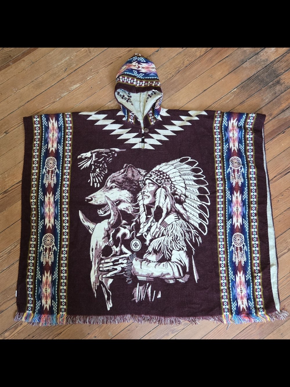 Native Motif Hooded Poncho in Deep Maroon and Cream